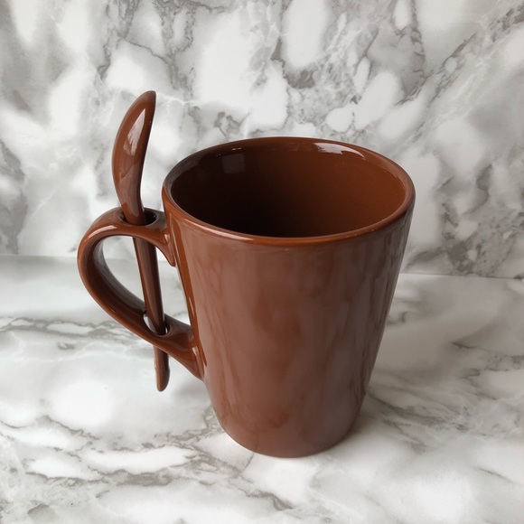 Milk Chocolate Brown Cafe Coffee Cup with a Built-In Matching Spoon - Picture 3 of 8
